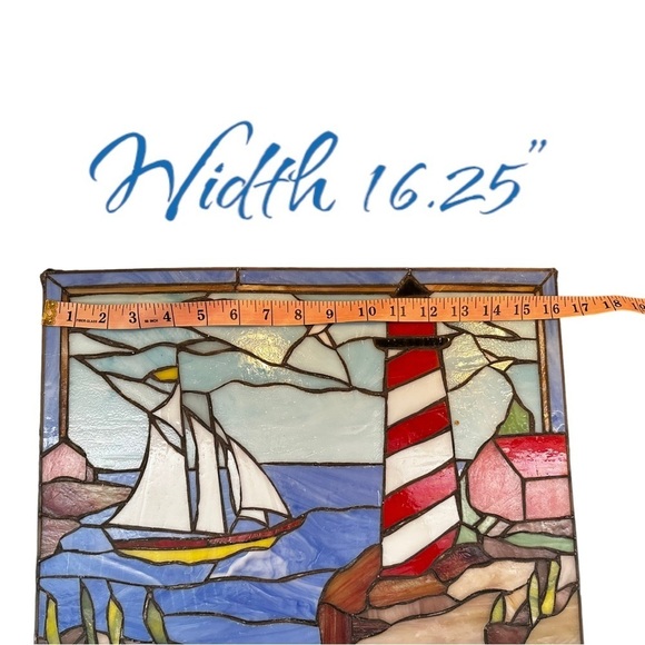 Hanging Rectangle Stained Glass Sailboat Lighthouse Nautical Harbor Scene 16x12” - Picture 11 of 11